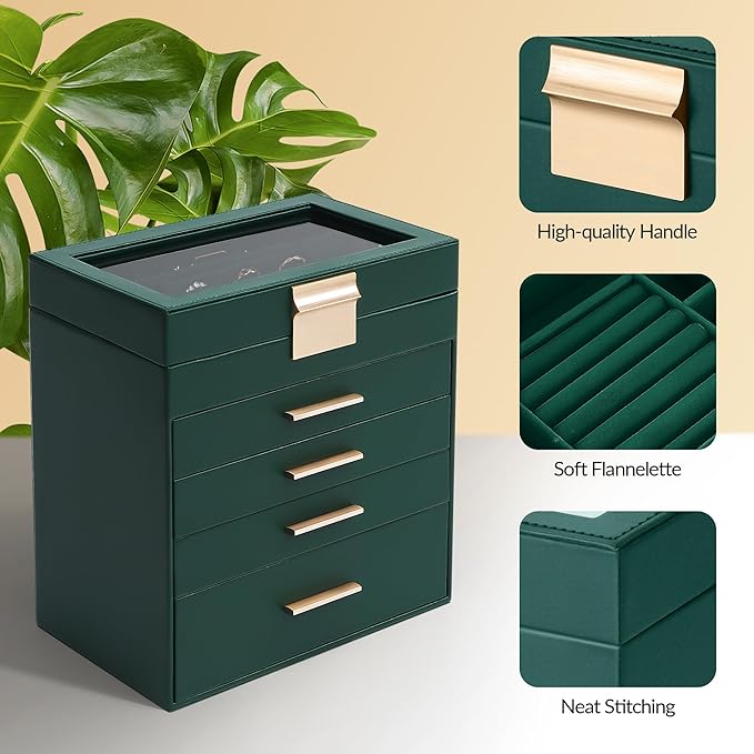 Jewelry Box, 5 Layers Jewelry Storage Display Box with Glass Lid for Women, 4 Drawers,Large Capacity for Necklace Earrings Bracelets Rings, Green