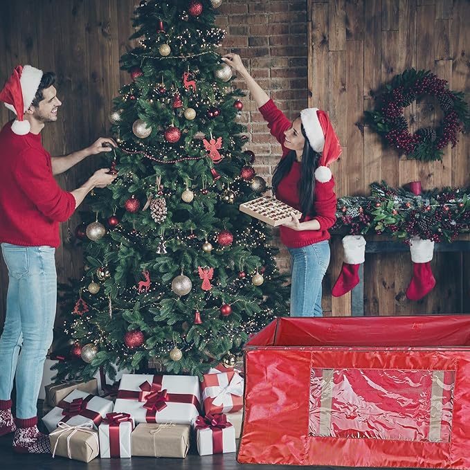 ProPik Rolling Christmas Tree Storage Bag, Fits Up to 9 Foot Tall Disassembled Trees, 25" X 25" X 60", Extra Large Heavy Duty Xmas Container with Wheels, Handles and Straps (Red)