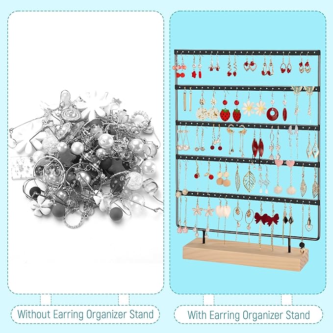 5 Tier 120 Hole Earring Holder Organizer, Rust Proof Metal and Wooden Base Jewelry Organizers and Storage for 60 Pairs of Earrings, Suitable for Home Storage and Sales Display