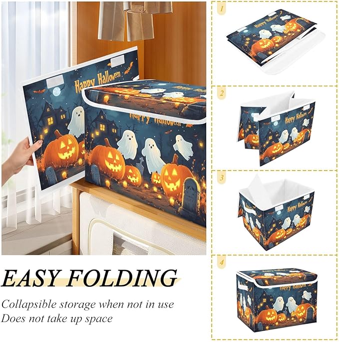 Bolaz Storage Bins with Lids and Handles,Halloween Background with Pumpkins Ghosts and Cemetary Storage Box Storage Basket with Cover Collapsible Organizer Containers for Home Closet, Shelves