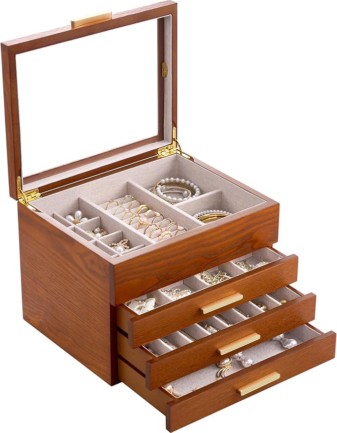 Lolalet Jewelry Box, Clear Window Wood Grain Jewelry Storage for Earrings Bracelets Necklaces Rings, High Capacity Organizer for Women -Cherrywood, 4 Layers