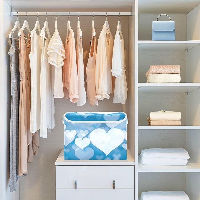 senya Valentines Baskets Collapsible Storage Bins with Lids, Blue Abstract Heart Storage Boxes Clothes Baskets for Organizing