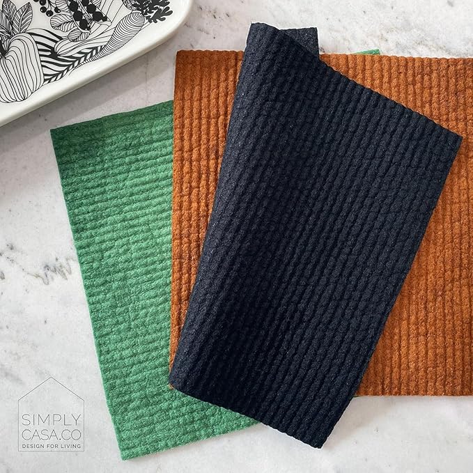 SIMPLYCASA Hand‑Dyed 5‑Pack Swedish Dishcloths – Reusable, Biodegradable Cloths, Super‑Absorbent Dual‑Texture, Plastic‑Free Packaging, Made in Sweden