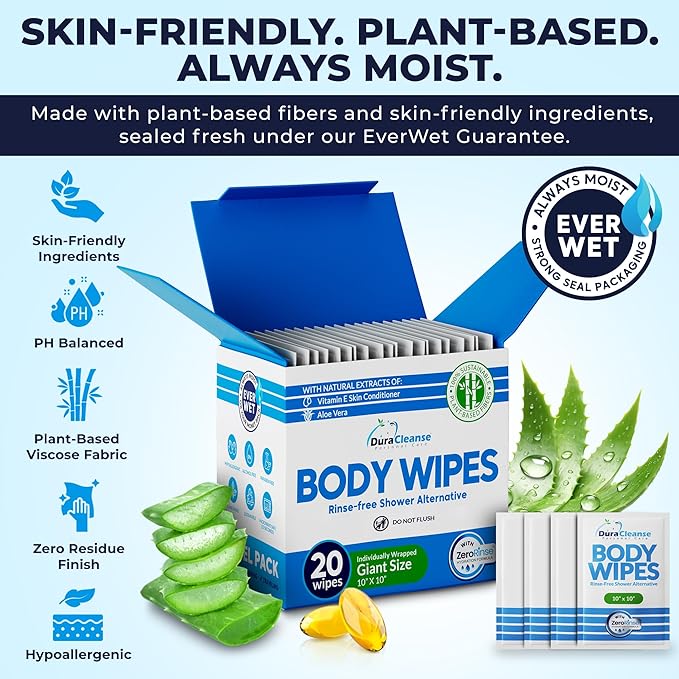 Body Wipes for Adults Bathing No Rinse - 20 Count Travel Shower Wipes - 10 x 11.5" Individually Wrapped Thick Cleansing Waterless Wash Scrubs - Disposable Washcloths for Camping & Elderly Incontinence