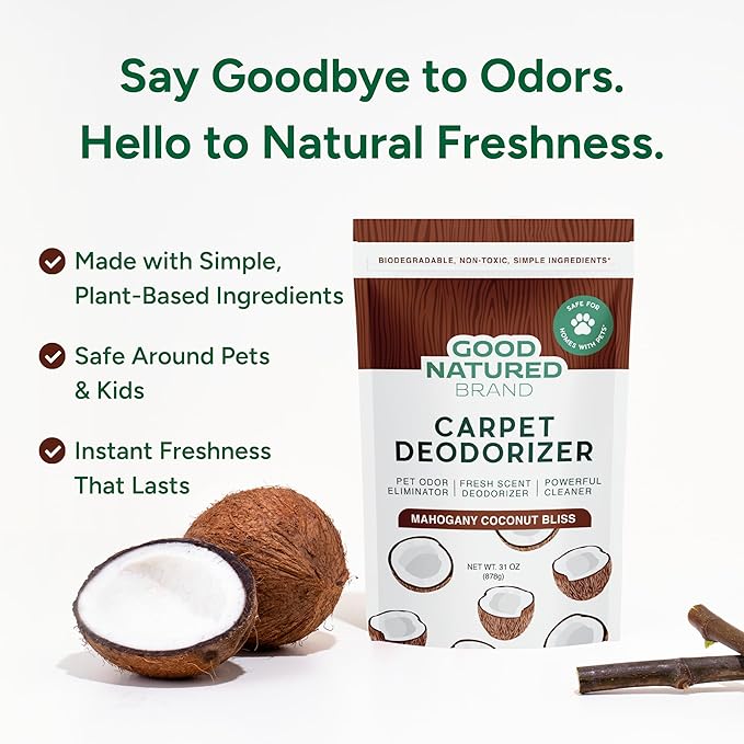 Good Natured Brand | Carpet Deodorizer & Freshener Powder | 31 oz Pet Odor Eliminator for Strong Odor & Pet Urine | Fresh Natural Mahogany Coconut Bliss Scent | Safe for Homes with Pets