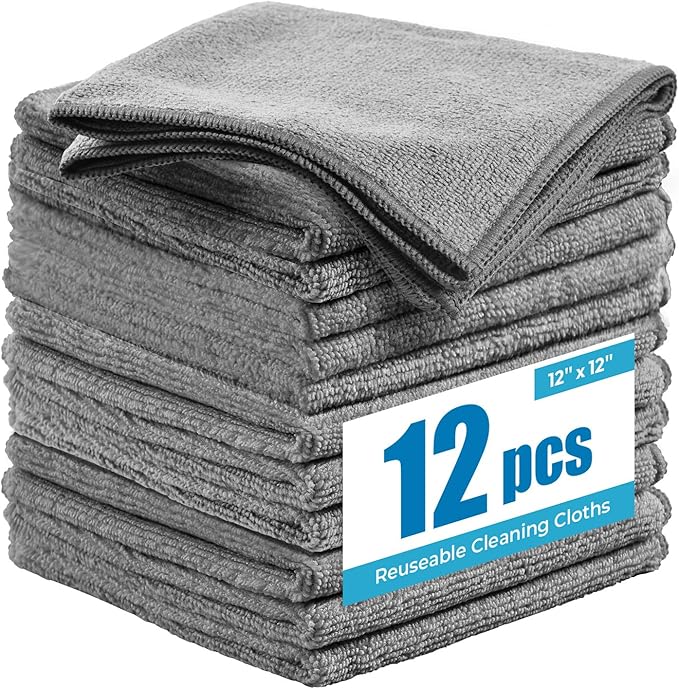 Tekswip Microfiber Cleaning Cloth 12"X12" 12 Pack Grey Lint Free Microfiber Towels for Cars-Extra Thick, Streak-Free, Fast Absorbent - Reusable Multi-Purpose Housekeeping Rags for Cars