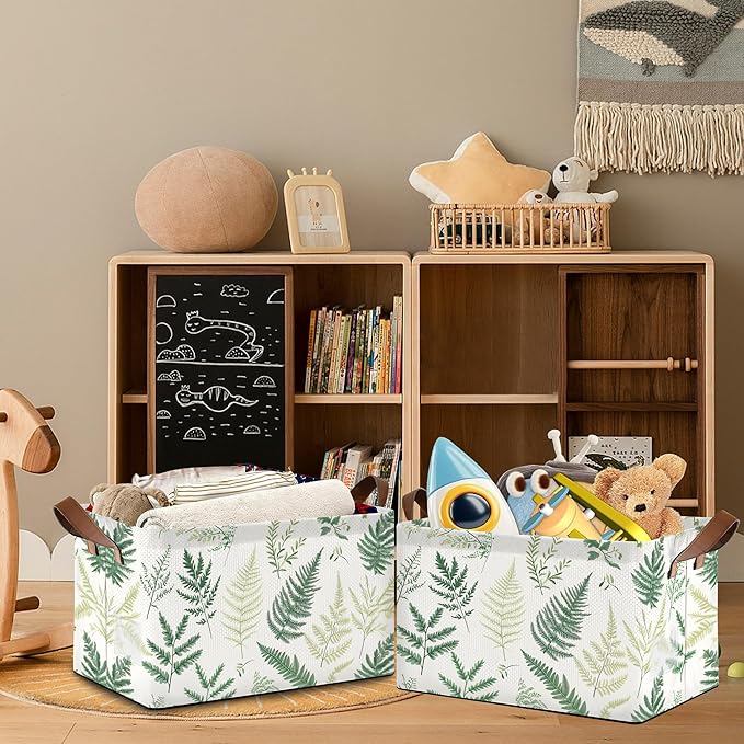 Fern Herbs Storage Baskets,Botanical Leaf Foldable Organizer Bin with Handles for Home Living Room Bedroom Closet Box 17x11.5x10Inch