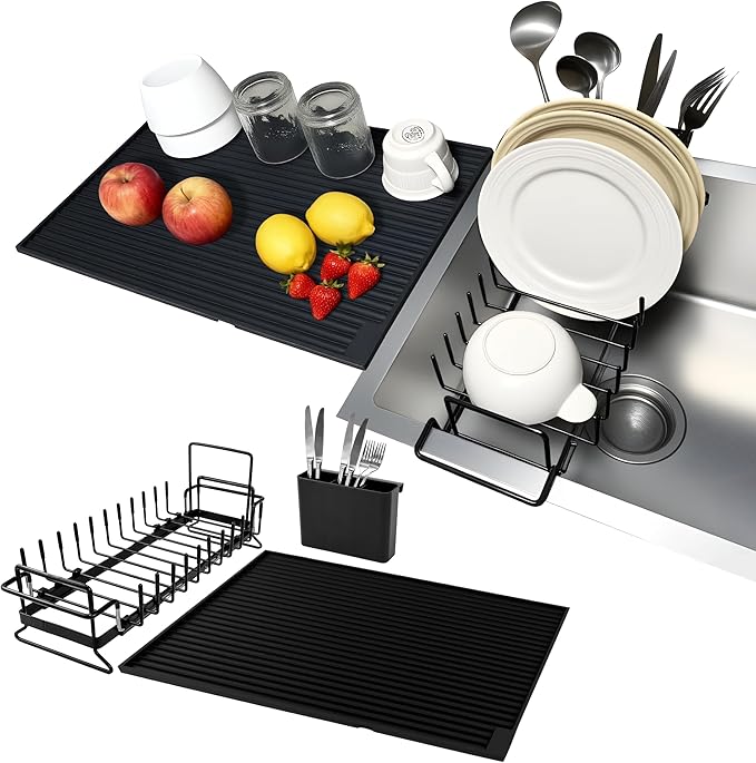 WZGUSXN Dish Drying Rack, Stainless Steel Expandable Over/in Sink & Countertop, Space Saving Collapsible Rust-Proof Rack with Silicone Mat Cutlery Holder for Kitchen/RV/Commercial Use (14.56-18.5" L)