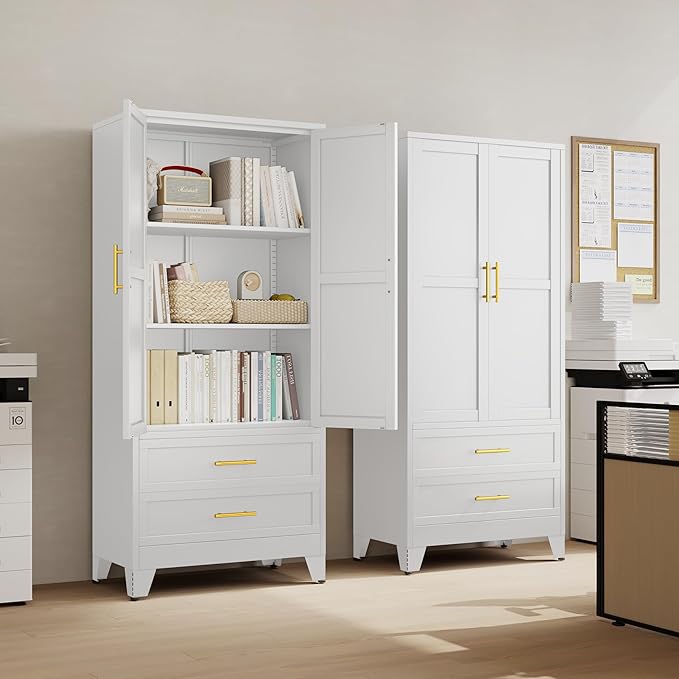 61" H Metal Pantry Storage Cabinet,Office File Cabinets with 2 Drawers and Shelves, Kitchen Cupboard Storage Cabinet for Bedroom and Dinning Room（White）