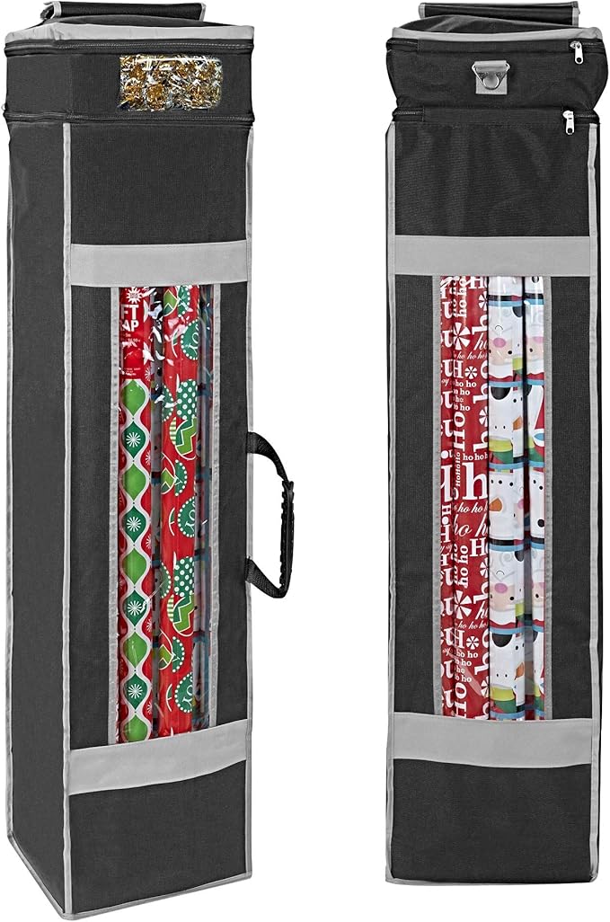 ProPik Holiday Wrapping Paper Storage Organizer Bag with Pocket and Handles Including Hanging Loop Heavy Duty Material with Clear Window 47 X 10 X 10 Inch Fits 40 Inch Long Rolls (Black, 1 Count)