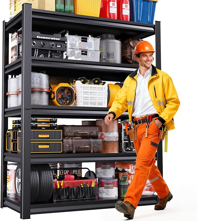 5-Tier 72”H Garage Shelving, Adjustable Garage Shelves, 2500 Lbs Storage Shelves Heavy Duty, Garage Shelf for Tool Organization, Storage Shelves for Basement, Warehouse, Black (72''H×46''W×19.7''D)