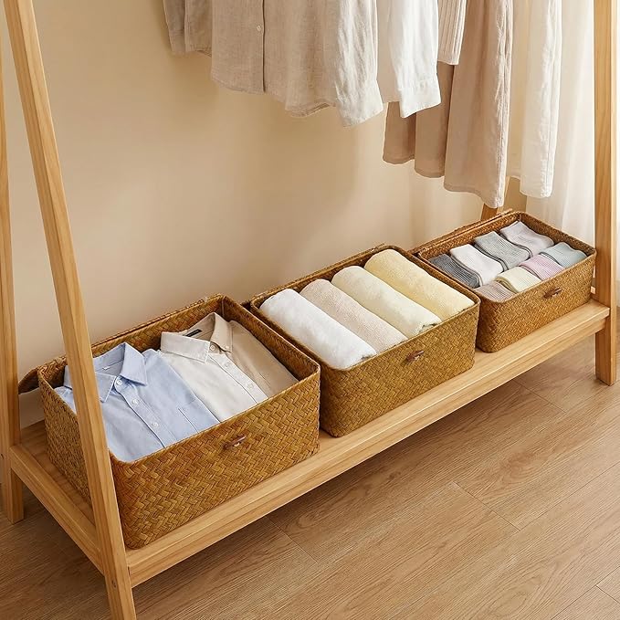 Wicker Shelf Baskets with Lid,Handwoven Seagrass Basket Storage Bins Rectangular Household Basket Boxes for Shelf Wardrobe Desktop Home Organization,Set of 3 Storage Baskets + 5 Storage Bags