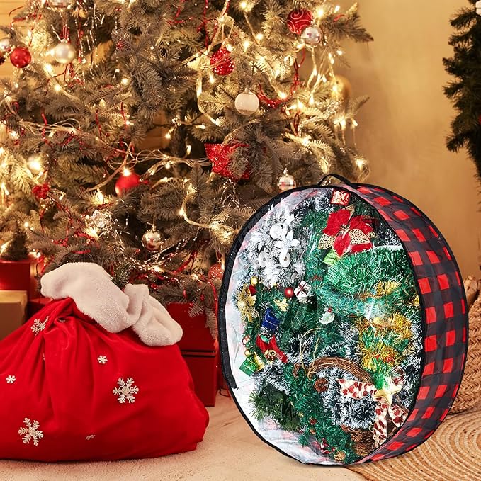 Aliceset 4 Pack Wreath Storage Containers, Christmas Ornament Garland Wreath Storage Bags with Handle Dual Zipper Large Decorative Storages Box for Winter Wreaths(36 x 36 x 7.8 Inch,Red Black Plaid)