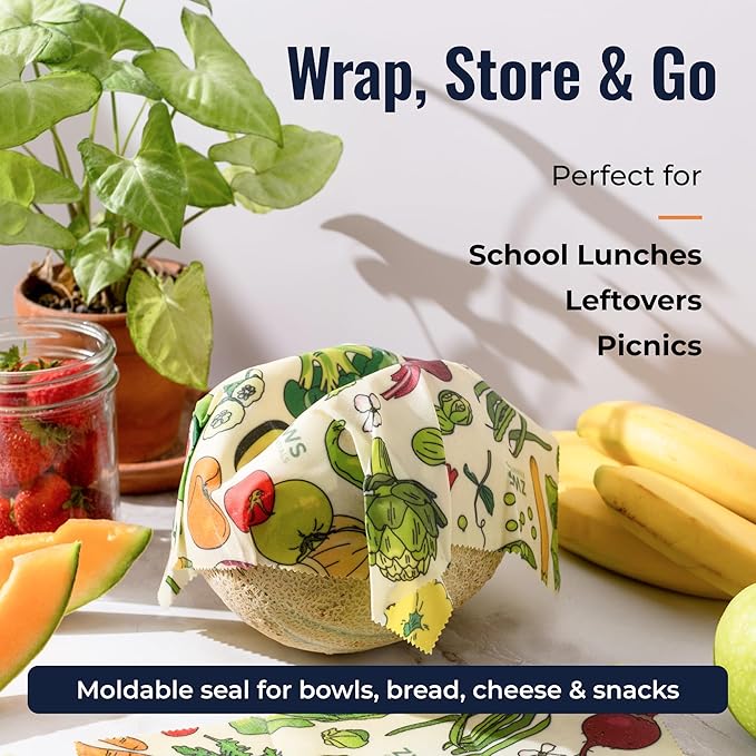 ZWS Essentials Beeswax Wraps, Reusable Cotton Food Storage Set for Kitchen, Lunch, Bread, Snacks, Bowls. Eco-Friendly Plastic-Free Alternative. 3-Pack Assorted - Veggies by Zero Waste Store