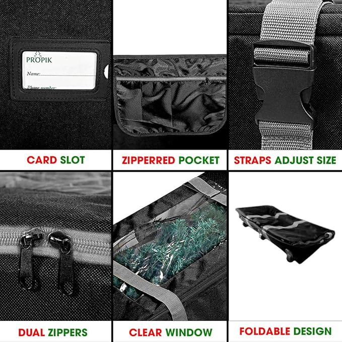 ProPik Rolling Christmas Tree Storage Bag, Fits Up to 9 Foot Tall Disassembled Trees, 25" X 25" X 60", Extra Large Heavy Duty Xmas Container with Wheels, Handles and Straps (Black)