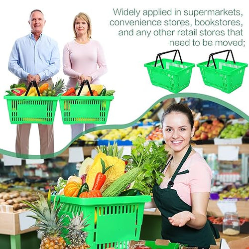 12 Pcs Shopping Baskets 20 L Plastic Store Retail Baskets with Handles 16.9 * 11.8 * 9.1 Inches for Market Grocery Supplies Thrift Convenience Storage(Green)