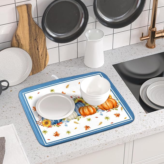 Fall Pumpkin Dish Drying Mat for Kitchen Counter 16×18 Inch Blue Dishes Pad Washable Thanksgiving Dish Rack Pad Drainer Mat Autumn Absorbent Reversible Microfiber Dish Drying Pad for Coffee Bar