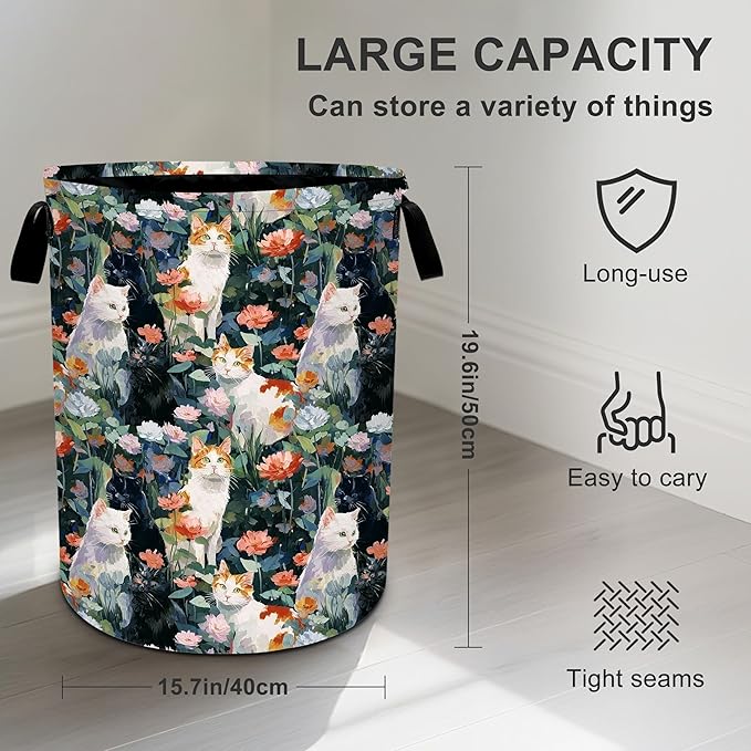 Cat Flowers Laundry Basket Storage Bin Foldable Laundry Hamper Clothes Storage Bucket Organizer 19.6x15.7 Inch For Laundry Room/Bedroom/Bathroom