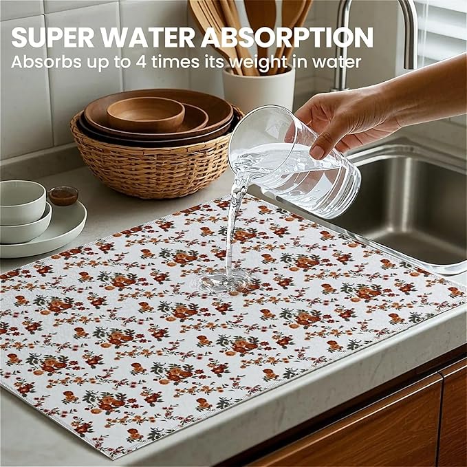 Dish Drying Mat For Kitchen Counter, Retro Brown Flowers Floral Microfiber Absorbent Dish Drainer Rack Pad Reusable Large 18x24in Drying Mat