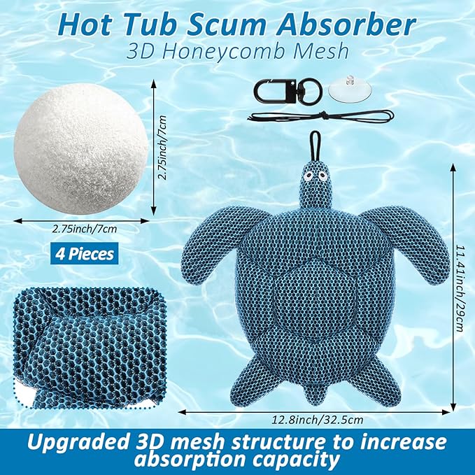 Hot Tub Scum Absorber with 4 Sponge Balls, 2025 Upgrade Reusable Scum Turtle Hot Tub Absorber Accessories Hot Tub Sponge for Spa & Pool Cleaner, Hot Tub Oil Absorbing Keeps Water Clean