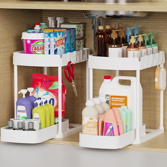 Ukeetap 2 Pack Multi-Purpose Pull-Out Storage Organizers, Under Sink & Cabinet Storage, 12.8 Inch, White