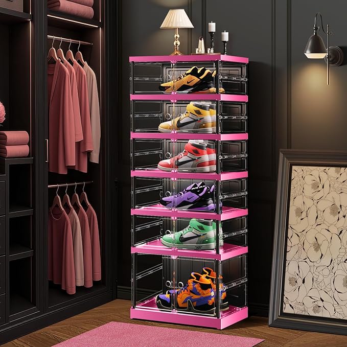 6-Tier Foldable Shoe Rack for Closet Entryway 6-12Pairs, Stackable Clear Shoe Storage Boxes Organizer with Door Plastic Small Shoe Cabinet Bins with Lids Shoes Shelf Easy Assembly（Black-Pink）
