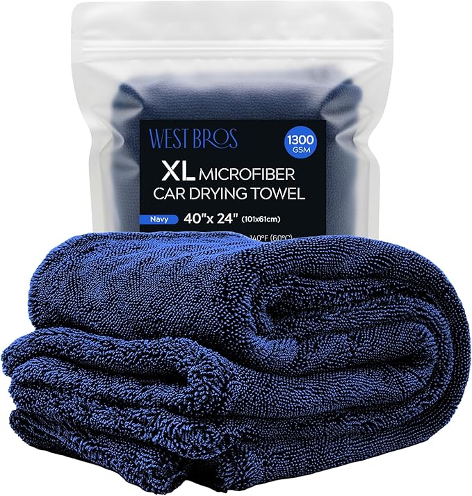 WEST BROS XL Car Drying Towel, 1300 GSM Professional Car Towel with Double Twisted Loop, Car Drying Towels Extra Large Super Absorbent, Microfiber Drying Towels for Cars, Trucks, SUVs - 40"x24", Navy