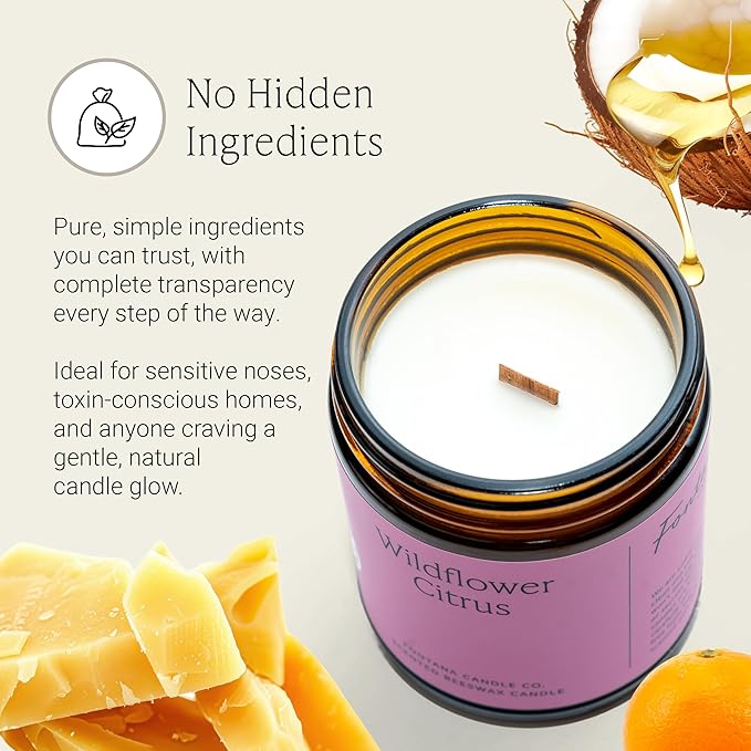 Fontana Candle Co Wood Wick Beeswax Jar Candles, Wildflower Citrus - Made with Coconut Oil & Pure Essential Oils – Clean Burn, Long Lasting and Non-Toxic Candles for Home & Room Decor
