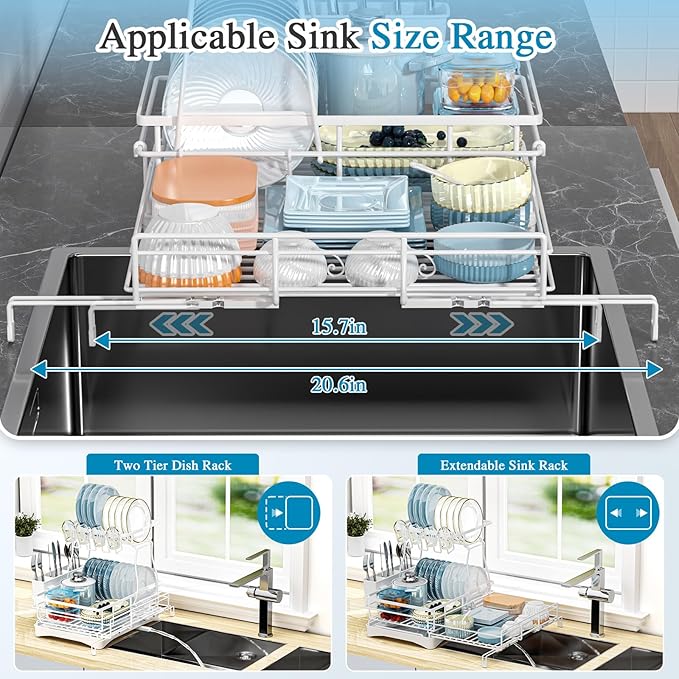 2 Tier Dish Drying Rack, Large Extendable Dish Racks for Kitchen Counter or Over Sink, Dishrack with Drainboard, 2-in-1 Anti-Rust Stainless Steel Dish Drainer with Utensil Holder & Cup Holder (white)