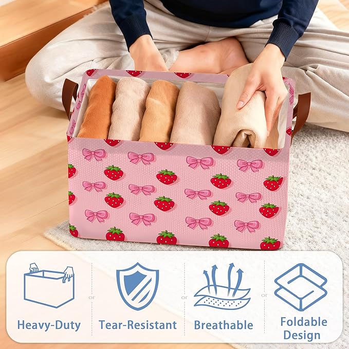 Strawberry Storage Basket with Handles,Bow Collapsible Rectangle Organizer Bin for Room Decoration Books Box Baskets 17x11.5x10Inch