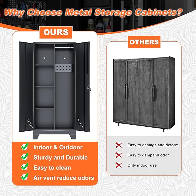 Storage Cabinet 61" H, Metal Tools Storage Cabinet with Lockable Doors and Shelves, Outdoor Storage Sheds with Removable Pegboard for Garage, Utility Room, Office