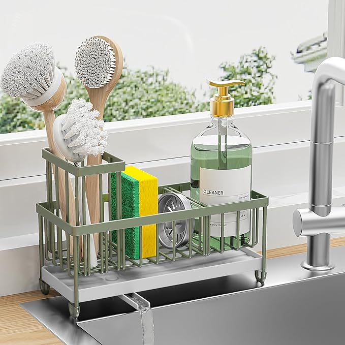 Cisily Sage Green Sponge Holder for Kitchen Sink, Sink Caddy Organizer with High Brush Holder, Kitchen Countertop Organizers and Storage Essentials, Rustproof 304 Stainless Steel, Soap Dispenser