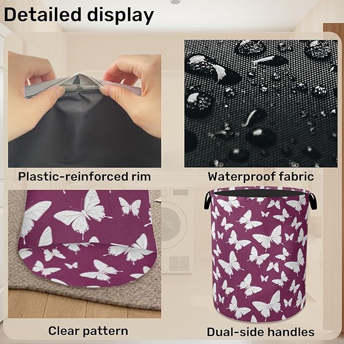 Purple Butterfly Silhouette Laundry Basket with Handles - Extra Large Foldable Hamper for Bathroom/Laundry/Bedroom/Dorm, Washable Fabric Storage Bin