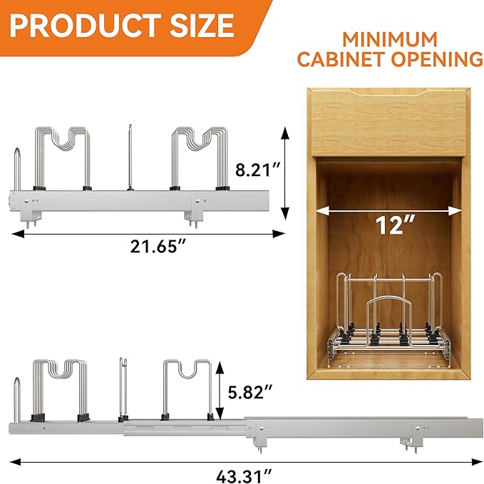 Pull Out Pots and Pans Organizer Under Cabinet, Sliding Adjustable Pot Rack with 9 Adjustable Dividers, Chrome-Plated Pot and Pan Holder Rack, Full-Extension Rail for Kitchen Organization 12" W*22" D