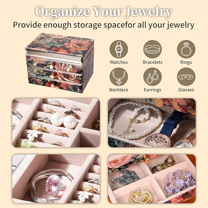 Glass Vintage Painting Jewelry Box, 3-Layer Jewelry Storage Case,Art Desktop Decorations Gift for Women,Jewelry Organizer For Necklaces Rings Earrings Bracelets
