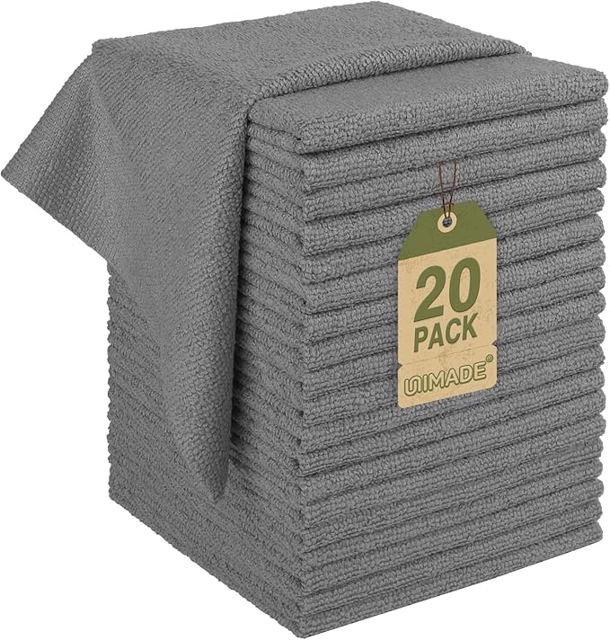 UNIMADE Microfiber Cleaning Cloth, 20 Pack Reusable Microfiber Towels for Cars Lint Free Cleaning Shop Towel Rags for Home Kitchen Automotive Bar Mechanic Restaurant Garage, 11.5"x 11.5", Grey