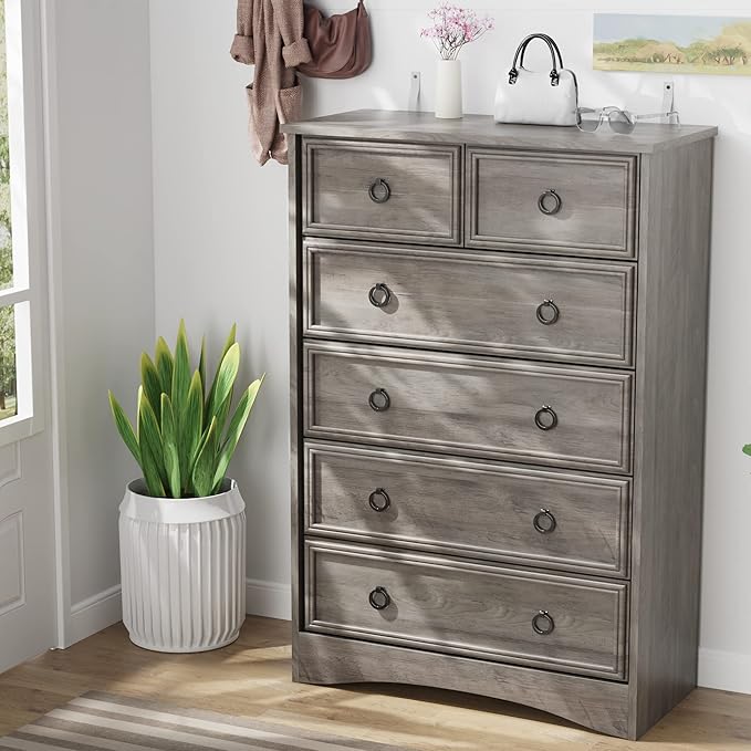 LGHM Modern Dressers for Bedroom with 6 Drawers, 6 Drawer Dresser, 44.33" Tall Chest of Drawers Closet Organizers & Storage Clothes - Easy Pull Handle, Textured Borders for Living Room, Hallway, Gray