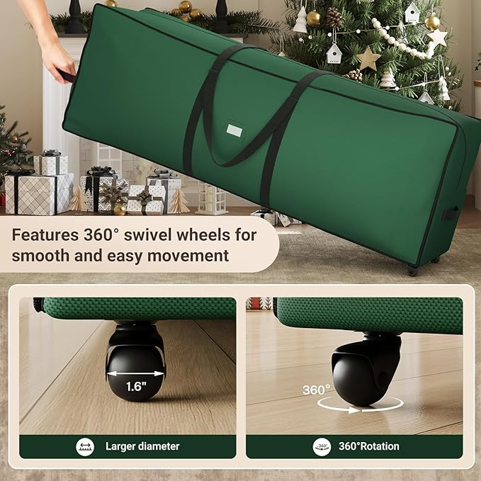 ELYKEN Christmas Tree Storage Bag with Wheels, Rolling Storage Bag for Artificial Christmas Tree and Decorations, Heavy Duty 600D Oxford Fabric, Length-Adjustable Handles, 16x20x64in, Green