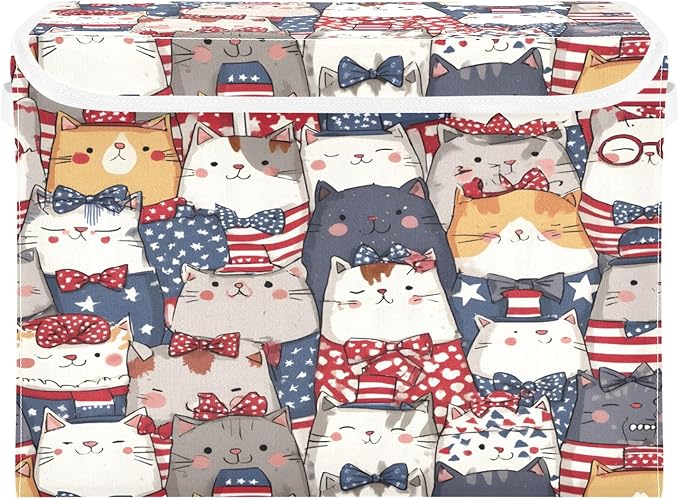 Bolaz Storage Bins with Lids and Handles,National Flag Cat Pattern Storage Box Basket with Cover Collapsible Organizer Containers for Home Closet, Shelves