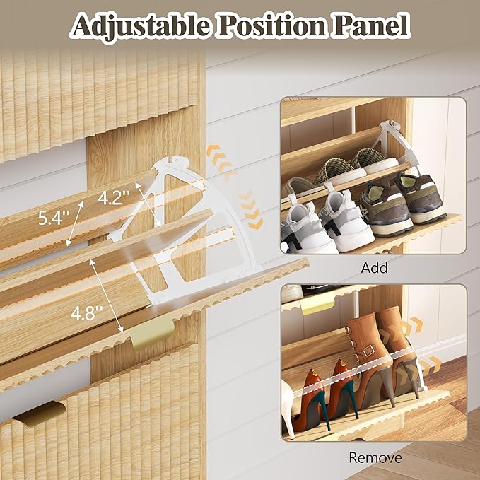 Shoe Cabinet Storage for Entryway with 2 Flip Drawers, Fluted Narrow Shoe Organizer with Wooden Legs, Freestanding Slim Shoe Storage Hidden Shoe Rack Organizer for Front Door Entrance, Oak