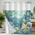 Ocean Theme No Hook Shower Curtain with Snap in Liner, Double-Layer Waterproof Shower Curtains with Mesh Top Window and Weighted Hem, Starfish Coastal Shower Curtain for Bathroom Decor, 71x74 Inches