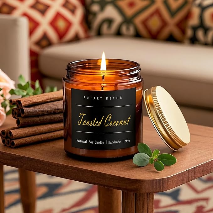 Toasted Coconut Candles for Home Scented, Natural Soy Aromatherapy Non Toxic Candles with Long Lasting Fragrance & Clean Burn, Luxury Jar Candle Gift for Women, Men, Home Decoration 9oz