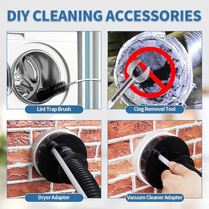 Bluesea 7 Pieces 40 Feet Dryer Vent Cleaner Kit, Reinforced Nylon Dryer Vent Cleaning Kit, Durable Dryer Vent Brush Vacuum Attachment with Flexible Lint Trap Brush, Vacuum & Dryer Adapters Upgrade