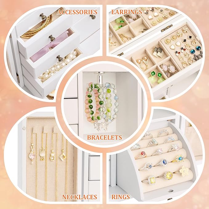 Jewelry Box Organizer, Farmhouse Wooden Jewelry Boxes for Women Girls, 6 Layer Jewelry Case Storage with Bracelet Holder Display Hooks for Necklaces Earrings Rings Bracelets (Weathered White)