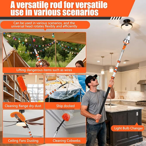20FT Light Bulb Changer for High Ceilings with 5-12FT Heavy Duty Extension Pole,High Ceiling Ceiling Fan Cleaner Duster Kit for Home & House High Window, Interior Roof Window Cleaning Orange