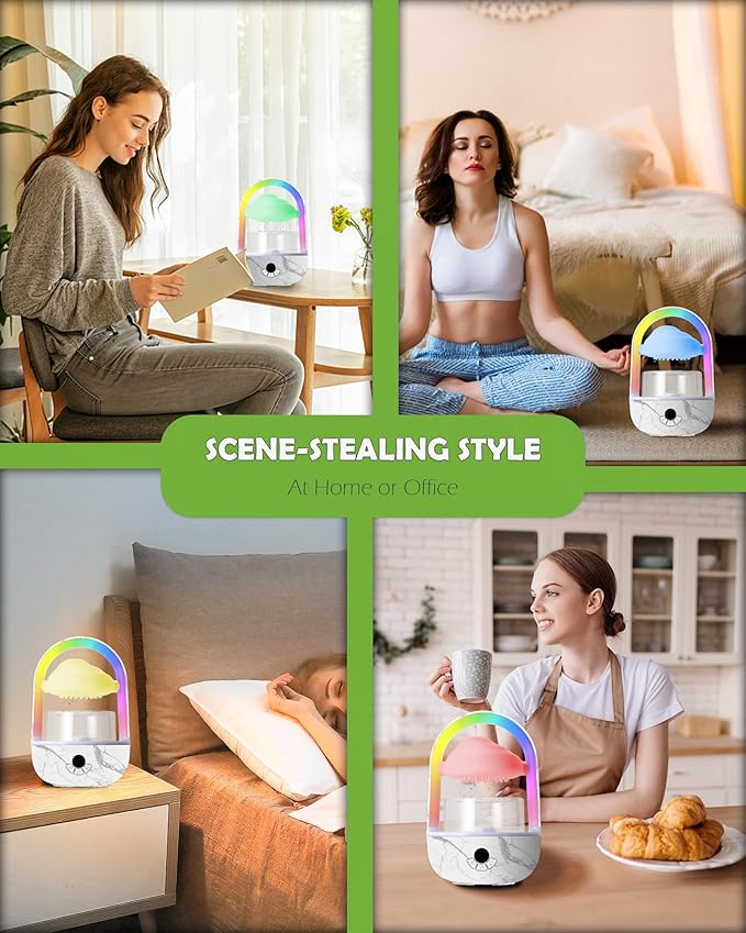 Weljoy Aromatherapy Essential Oil Diffuser Rainbow Rain Cloud Micro Humidifier Water Drip Mushroom Diffuser with Running Lights Rain Sounds for Sleeping-Tabletop Water Fountain&Night Light