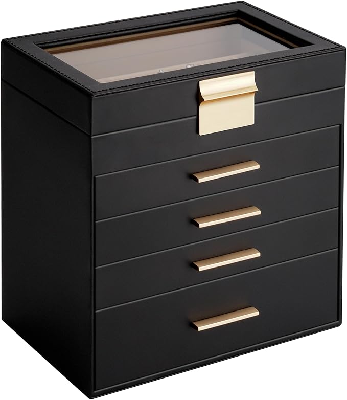 Jewelry Box, 5 Layers Jewelry Storage Display Box with Glass Lid for Women, 4 Drawers,Large Capacity for Necklace Earrings Bracelets Rings, Black