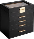 Jewelry Box, 5 Layers Jewelry Storage Display Box with Glass Lid for Women, 4 Drawers,Large Capacity for Necklace Earrings Bracelets Rings, Black