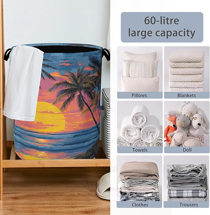 Tropical Palm Tree Laundry Basket,Sunset Beach Oxford Cloth Laundry Hamper with Handle Foldable Portable Clothes Storage Basket for Bathroom Bedroom Dorm Room 16" x 20.8"