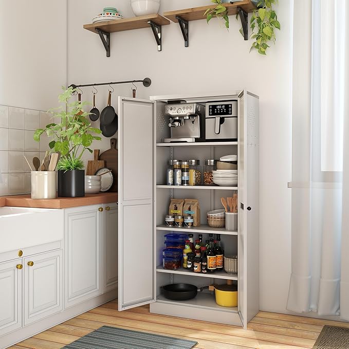 Kitchen Pantry Cabinet, 61" H Storage Cabinet with Doors and Adjustable Shelves, Metal Bathroom Cabinets, Utility Cabinets for Kitchen, Garage, Assemble Required, White